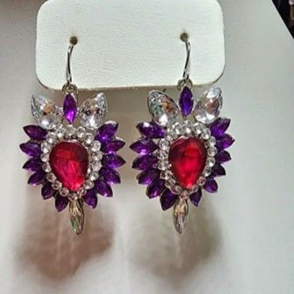 Silver Tone, Purple, Pink and Clear Rhinestone Statement Earrings